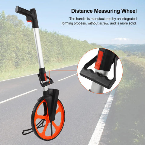 Pissente Hand Measuring Wheel, 0-9999.9ft Mechanical Counter on a road, showcasing its lightweight design and handle.