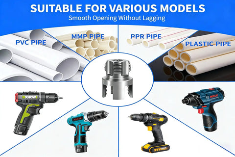 All In One PVC Pipe Threader Kit With Internal And External Dies For One Half And Three Quarter Inch Pipes Electric Drill Compatible Rethread Head surrounded by PVC, PPR, MMP, and plastic pipes images and electric drills
