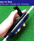 Hand holding Stripe Golf Swing Weight For Practice And Warm Up, Multi Club Training Weight on golf club on grass