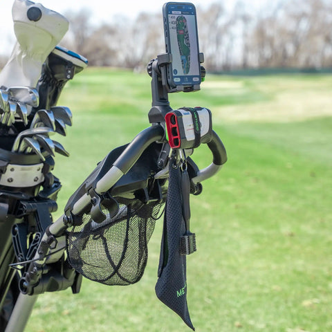 Magnetic Phone Holder For Golf Push Cart With Rangefinder Strap, MagStack Microfiber Towel, Club Brush And Tile on golf course