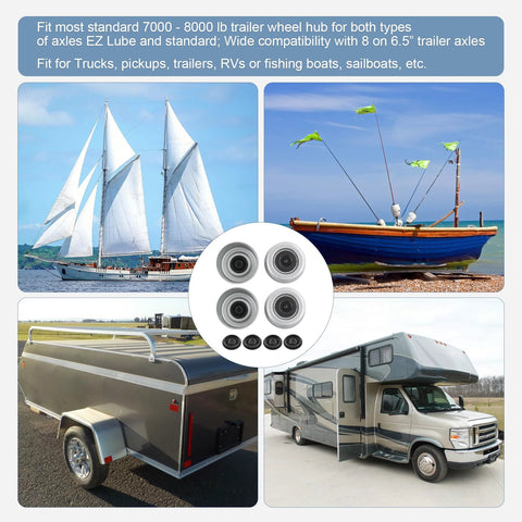 Circular view of the Beefy Heavy Duty Trailer Axle Wheel Hub Dust Cap Set Four Pieces Two Point Seven Two Inch For Most 7000 8000 Lb Wheel Hubs Includes Four Rubber Plugs EZ Lube Dexter Camper RV Bearing Dust Cap with trailers and vehicles in the background.
