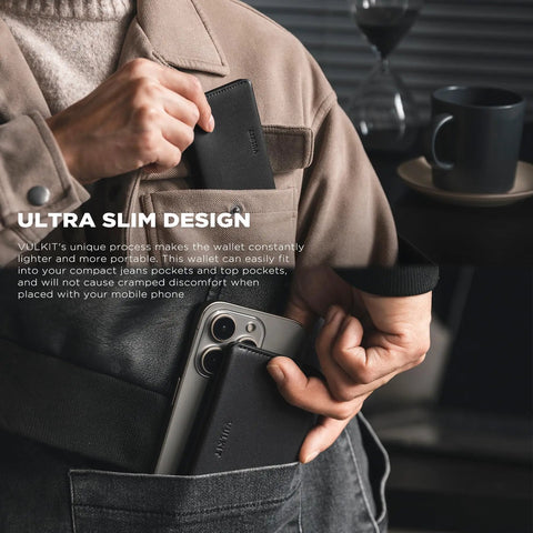 Person placing an Ultra Slim Minimalist Card Holder With RFID Blocking Leather Front Pocket Wallet into jacket pocket