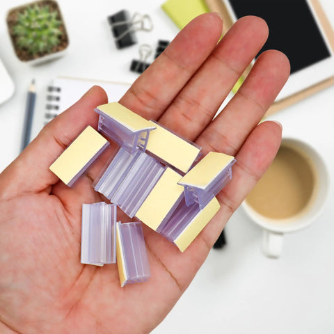100 Pack Self Adhesive Sneeze Guard Clips No Fuss Peel And Stick Brackets For Clear Acrylic Sign Holders in hand