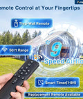 Hand holding remote for 10 Inch Shutter Exhaust Fan with 9 speed settings, shown near a modern greenhouse.