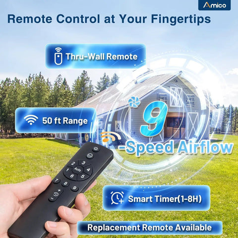 Hand holding remote for 10 Inch Shutter Exhaust Fan with 9 speed settings, shown near a modern greenhouse.