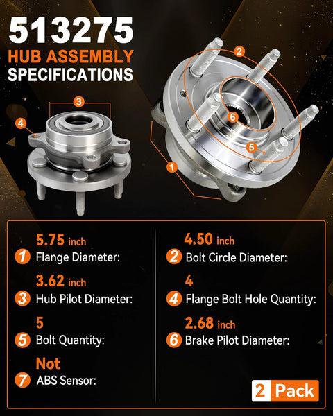 2 Pack Front And Rear Wheel Hub Bearing Assembly 513275 with specifications for Ford Edge 2011-2014, Flex 2009-2019, Taurus 2010-2019