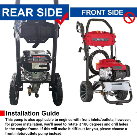 Beefy 3400 PSI Replacement Pressure Washer Pump With 2.5 GPM And 7/8 Inch Shaft, showing rear and front view installed on washers.