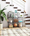 8 Cube Wire Grid Storage Organizer Dope Modular Shelving System with decor and books below staircase in living room