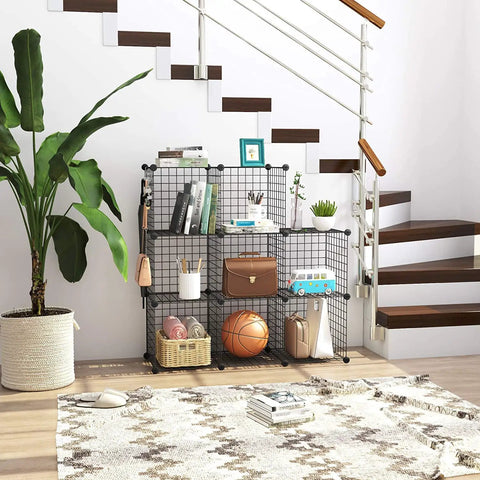 8 Cube Wire Grid Storage Organizer Dope Modular Shelving System with decor and books below staircase in living room