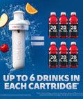 LifeSip cartridge with flavored water, fruit slices, showing equivalence to six 20 oz drinks, unique design and features.