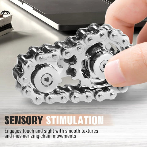 Metal Fidget Spinner With Bike Chain Design for adults, 304 stainless steel, sensory toy for ADHD and anxiety relief, handheld use.