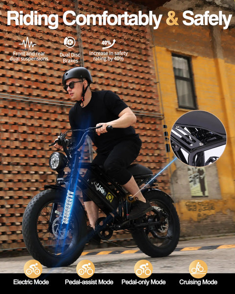 Electric Fat Tire E-Bike For Adults And Teens With 1500W Peak Motor, 20 Inch Fat Tires, rider on motorcycle style ebike