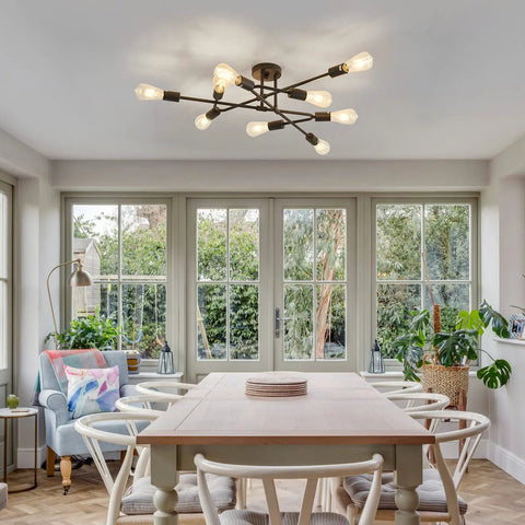 Black Semi Flush Mount Ceiling Light Fixture With 9 Lights in modern dining room with large windows and wooden table