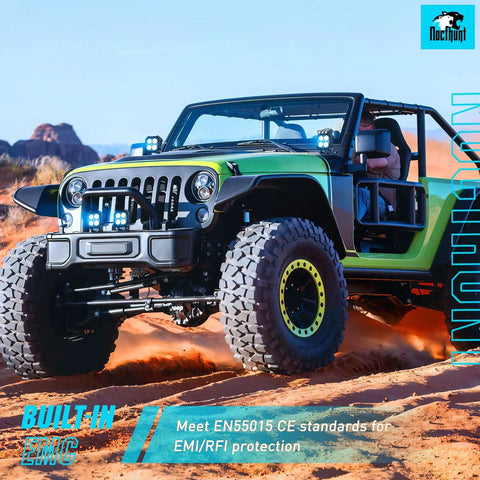 Green offroad vehicle with LED Pod Light Kit Two Pack 2.8 Inch 20W Square Offroad Lights With 4 LED Hyper Spot Beams in desert