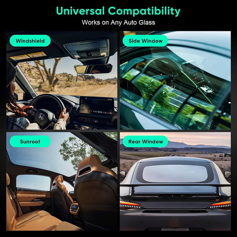 Windshield Chip And Crack Repair Kit 2026 Upgrade With Glass Repair Liquid shown on various car windows including windshield, side window, sunroof, and rear window.
