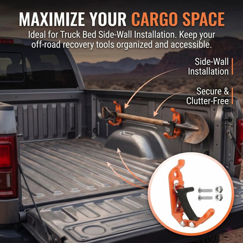 Beefy Heavy Duty Quick Release Shovel Mount For Truck Bed And Roof Rack installed on truck bed side wall