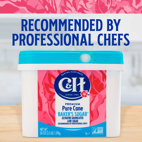Ultrafine Granulated Baker's Sugar 3.5 lb tub with logo and chef endorsement text on packaging.