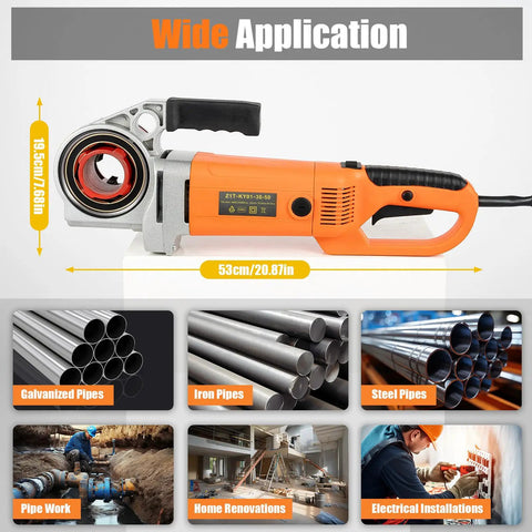 Heavy Duty 2300W Electric Pipe Threader With Six Dies And 110V Handheld Design For Fast, Precise Threading Operations, shown with an orange handle.