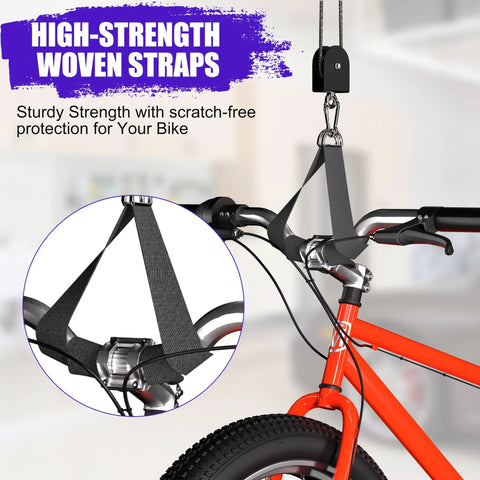 Heavy Duty Bike Hoist Lift System For Garage Ceiling Storage Up To 85 Lb Capacity with robust woven straps and pulley system