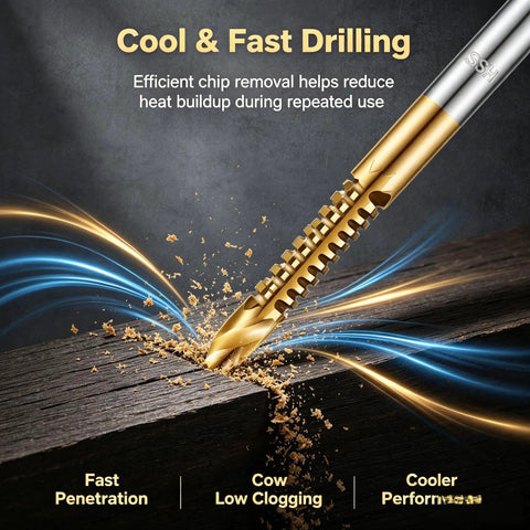 Six Piece Top Shelf Twist Drill Bit Set With Serrated Side Cutting Edges For Rapid No Hassle Chip Clearing And Slick Boring Through Wood Metal Plastic And Garage Projects, drilling into wood with serrated edges.