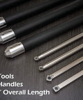 Top view of a four-piece carbide woodturning tool set with black handles and silver tips; 12-inch tools, 17-inch handles.