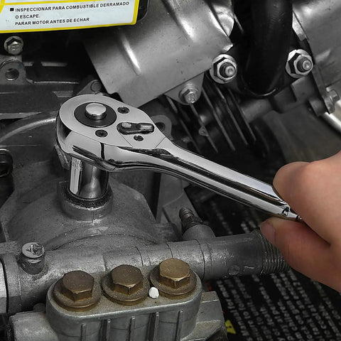 Using 39-Piece Drive Socket Set With Quick-Release Ratchet on car engine with 1/4 and 3/8 inch drives, Cr-V sockets visible