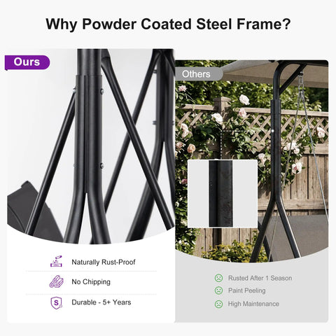 Comparison of rust-proof powder coated steel frame on Three Seat Patio Swing With Adjustable Tilt Canopy