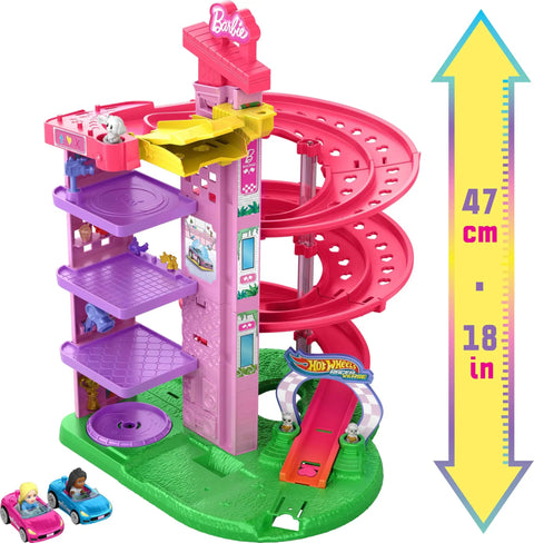 RacerVerse Barbie Spiral Track Set With Barbie Malibu And Barbie Brooklyn Cars, 5 Level Pink Raceway Playset for Kids.