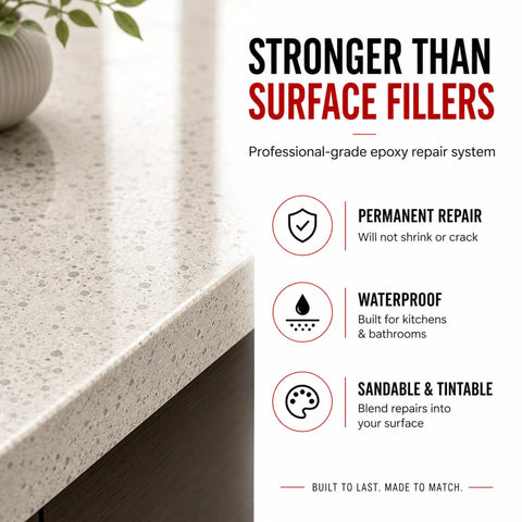 Epoxy Countertop Repair Kit For Granite Marble Porcelain Quartz And Tile Chips Cracks Rebuild Missing Pieces Dry In 29 Minutes Tintable With EZ Tint No Brainer DIY Fix All In One Permanent Repair promoting durability and waterproof features on countertop.