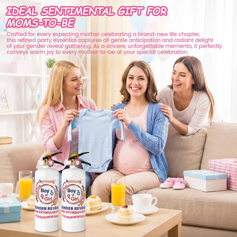 Big Time Gender Reveal Sprayers 2 Pack Biodegradable Color Powder Blasters with pink sprayers and excited moms-to-be.
