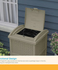Hideaway Outdoor Trash Can With Lid 30 Gallon Decorative Wicker Style Garbage Bin in dark taupe resin, open lid view