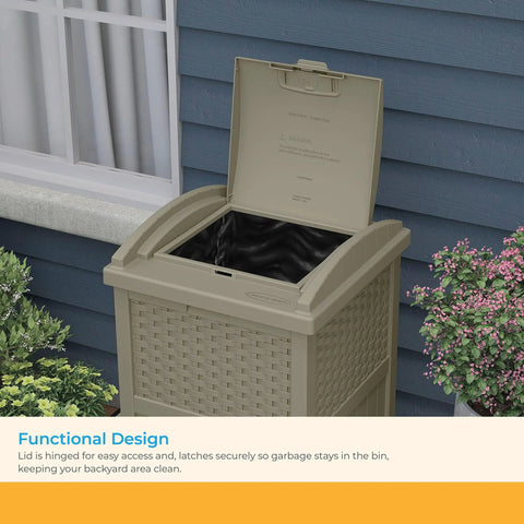 Hideaway Outdoor Trash Can With Lid 30 Gallon Decorative Wicker Style Garbage Bin in dark taupe resin, open lid view