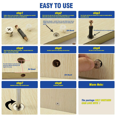 Step-by-step guide on using the 125 Piece Furniture Cam Lock Kit With Eccentric Wheel Connectors for easy assembly.