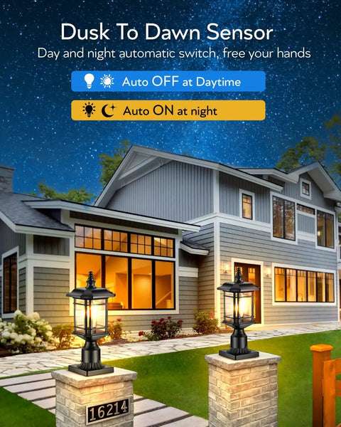 Dusk To Dawn Outdoor Post Light Black Finish Hardwired 120V Lantern With Pier Mount Base For Patio And Garden Waterproof Exterior Lamp Fixture Not Solar lighting up a pathway at night.