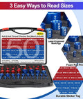 50 Piece Thread Checker Kit For Nuts And Bolts With 27 SAE And 23 Metric Gauges In A Slim Foam Case displayed in open box