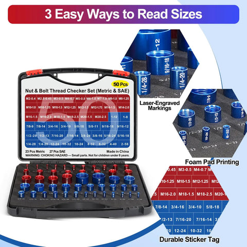 50 Piece Thread Checker Kit For Nuts And Bolts With 27 SAE And 23 Metric Gauges In A Slim Foam Case displayed in open box