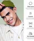 Young man wearing Engage Plus Earplugs For Clear Chat And Chill Noise Reduction At Hangouts And Chats Great For Parenting Moments Includes 8 Ear Tips And Extra Accessories 16 dB NRR 10 with benefits displayed beside.