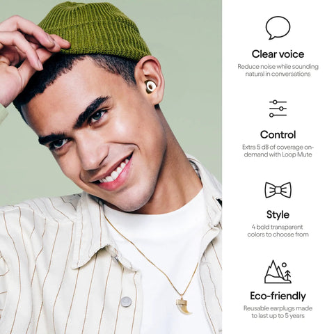 Young man wearing Engage Plus Earplugs For Clear Chat And Chill Noise Reduction At Hangouts And Chats Great For Parenting Moments Includes 8 Ear Tips And Extra Accessories 16 dB NRR 10 with benefits displayed beside.