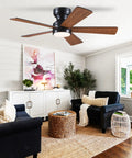 Ceiling Fans With Lights Flush Mount 46 Inch Low Profile Do It All Remote Controlled 5 Dual Sided Blades in a living room