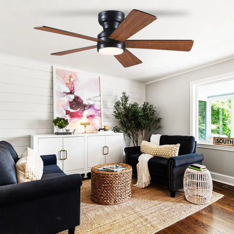 Ceiling Fans With Lights Flush Mount 46 Inch Low Profile Do It All Remote Controlled 5 Dual Sided Blades in a living room