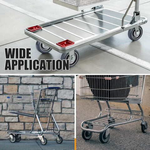 Smooth Operator Four Pack Shopping Cart Replacement Wheels Five Inch Polyurethane Casters on grocery carts in varied settings.