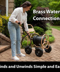 Beefy Four Wheel Hose Reel Cart With 300 Feet Of 0.625 Inch Hose, steel frame, brass fittings, used in backyard garden