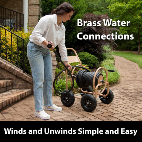 Beefy Four Wheel Hose Reel Cart With 300 Feet Of 0.625 Inch Hose, steel frame, brass fittings, used in backyard garden