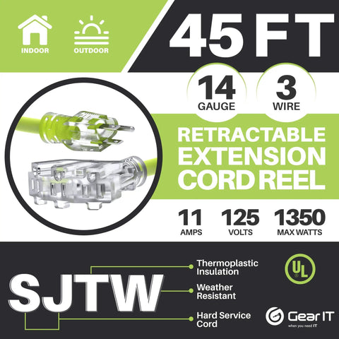 Infographic of 45ft Auto Retracting Extension Cord Reel with SJTW 14/3 gauge, 3 outlets, 11A, 125V, 1350W specs, UL listed.