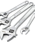 Four-Piece Adjustable Wrench Set With Wide Handle For Maximum Comfort, Includes 6, 8, 10, 12 Inch Wrenches, Drop-Forged Steel Construction