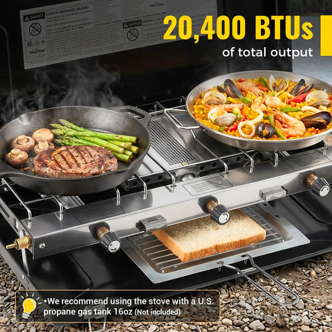 Portable Three Burner Propane Camping Stove With Regulator Push Button Ignition Adjustable Burners And Wind Guards For Car Trips Picnics And Outdoor Cooking 20400 BTUs Lightweight About Ten Pounds cooking steak and seafood