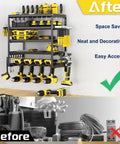 Rock Solid Five Tier Wall Mount Power Tool Organizer Rack For Garage Storage with drills and tools mounted for easy access.