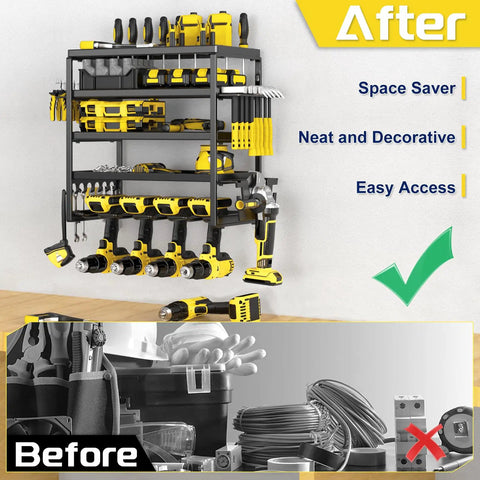 Rock Solid Five Tier Wall Mount Power Tool Organizer Rack For Garage Storage with drills and tools mounted for easy access.