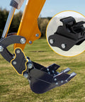 Mini Excavator Quick Change Hitch For Small Diggers Up To 3 Tons Mechanical Quick Coupler For Fast Attachment Swaps With Buckets Rakes Scarifiers And More Boost Your Digging Speed And Job Efficiency installed on an excavator arm with close-up view of coupler.