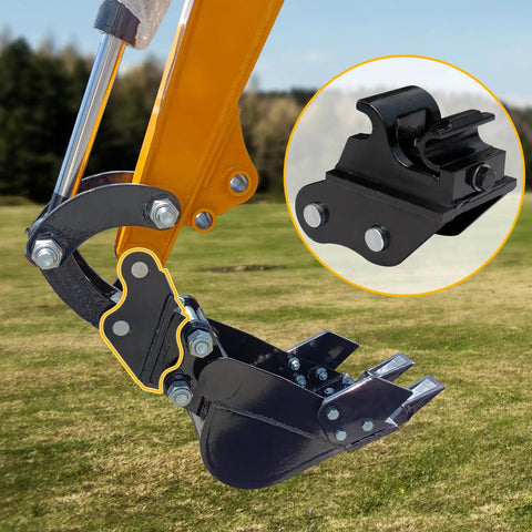 Mini Excavator Quick Change Hitch For Small Diggers Up To 3 Tons Mechanical Quick Coupler For Fast Attachment Swaps With Buckets Rakes Scarifiers And More Boost Your Digging Speed And Job Efficiency installed on an excavator arm with close-up view of coupler.